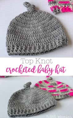 crocheted baby hat with pom - pom in grey and pink yarn