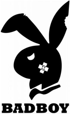 a black and white logo with the word bad boy on it's chest, in front of an image of a rabbit