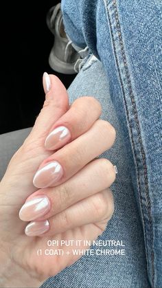 Short Oval Pearl Nails, Wedding Nails Chrome French, Put It In Neutral With White Chrome, Pearly Neutral Nails, French Tip Nails Bride, Put It In Neutral Chrome Nails, Lets Be Friends Chrome Nails, Let’s Be Friends With Pearl Chrome, Neutral With Chrome Nails