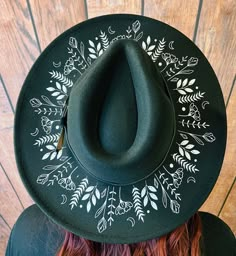 "Welcome to Witchwood's brand new XL wide brim hats! These hats have our biggest brim yet! They are made of sturdy vegan felt and are all hand printed.   Vegan Felt Size: 23\" (but size is adjustable and can be sized down, inside the hat) PLEASE NOTE: These hats have a bit more \"give\" to the circumference and can fit a slightly bigger size than our other wide brim hats Brim - 3.75\" wide Hat Color - Black Print Color - White" Burned Hats, Tovad Ull, Cowboy Hat Design, Wide Hat, Hat Burning, Custom Cowboy Hats, Felt Cowboy Hats, Painted Hats, Goth Witch