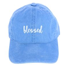 This baseball cap is a really fun casual look and adds a touch of inspiration to your day. The blessed embroidery is a cute print and can be paired for an everyday attire. The back t-slide can be adjusted to your preferred fit. Made of 100% Cotton Trendy Blue Hats With Embroidered Logo, Casual Denim Baseball Cap With Curved Visor, Casual Blue Dad Hat With Flat Bill, Trendy Washed Blue Hat, Trendy Soft-washed Snapback Hat, Casual Denim Trucker Hat, Trendy Soft-washed Cap, Trendy Washed Baseball Cap With Curved Bill, Trendy Blue Baseball Cap With Embroidered Logo