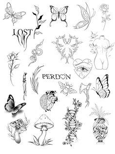 the different types of tattoos are shown in black and white, with butterflies on them