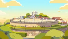 an animated city with lots of trees and buildings in the background, surrounded by greenery