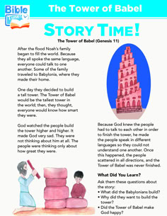 the tower of babel story time with an image of two people standing in front of it