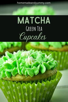 matcha green tea cupcakes with white polka dots on them and the title overlay reads matcha green tea cupcakes