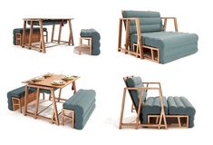 four different views of the same couch and table with chairs around it, including one that is reclining