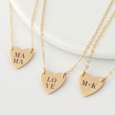 Custom Heart Necklace Gold LOVE Necklace Personalized by LEILA Jewelry Heart With Initials, Date Necklace, Initials Necklace, Heart Necklace Gold, Layering Jewelry, Gifts For Grandma, Anniversary Dates, Gold Heart Necklace, Personalized Valentines