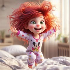 a red haired girl jumping on top of a bed