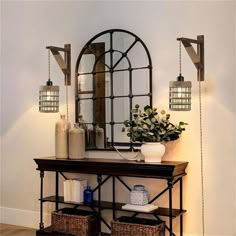 a shelf with baskets and vases on top of it next to a wall mounted mirror