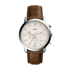 An uncomplicated aesthetic distinguishes the cream dial and smooth stainless steel case of this architecturally-inspired Neutra chronograph watch from Fossil. Movement: three-hand quartz chronograph Case: round stainless steel; 44mm Strap: brown leather Dial: cream chronograph with date window Water resistance: to 50 meters Warranty: 2-year limited Fossil Watches For Men, Mens Designer Watches, Brown Leather Strap Watch, Chrono Watches, Brown Watches, Brown Leather Watch, Mens Chronograph, Fossil Watch, Chronograph Watch Men