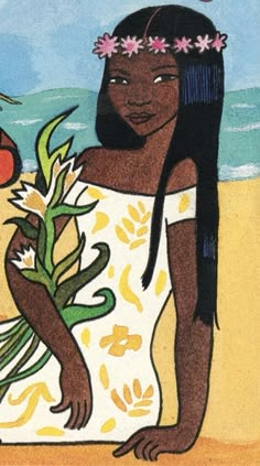 a drawing of a woman on the beach with flowers in her hair and an orange