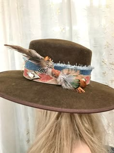 Let's design your hatband together...using raw denim as a base building it from there... Accenting it with Genuine Pendleton (r) wool or western fabrics, italian wool etc, and using feathers and conchos to Turquoise and beading . Together we will create  your custom one of a kind piece  IF...I do not hear back from you I will create a design similar to those pictured but a creation of my own. There will be no returns on these. Contact me with questions and let's build it IF you have a color pref Custom Western Hats, Diy Western Hat, Cowboy Hat Bands Diy, Custom Hat Bands, Decorated Cowboy Hats, Hat Bands Diy Ideas, Custom Cowgirl Hats, Hat Decorating Ideas, Painted Cowboy Hats