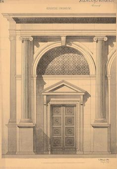 an architectural drawing of the front entrance to a building with columns and arches on either side