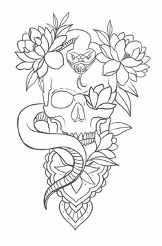 a drawing of a skull with flowers on it's head and a snake in the middle