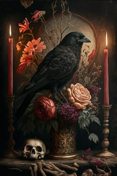 a black bird sitting on top of a vase filled with flowers next to two candles