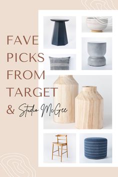 several different vases and chairs with the words fave picks from target & star moffe