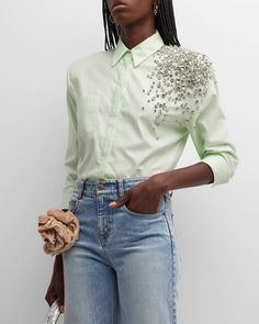 Get free shipping on Hellessy Alfred Crystal-Embroidered Button-Front Shirt at Neiman Marcus. Shop the latest luxury fashions from top designers. Shirts With Rhinestones, Rhinestone Collar Shirt, T Shirt Collar Embroidery, Button Up Embroidery, Embellished Tops For Women, Shirt Patches Ideas, Embellished T Shirt, Shoulder Embroidery Designs, Beaded Embroidery Shirt