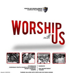 the poster for worship with us, which features images of people in red and white