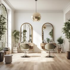 a room with mirrors, chairs and plants in it