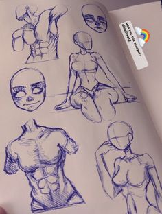 an open book with sketches of different body types and shapes on the pages in it