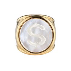 Our classic, best-selling initial ring in 14k vermeil and mother of pearl. 16mm round center stone. Classic White Jewelry With Si Clarity, Classic White Engraved Initial Ring, Elegant White Initial Ring With Engraving, Elegant White Initial Ring Engraved, Elegant White Engraved Initial Ring, Classic White Jewelry With Initials, Classic White Signet Ring With Round Band, Classic White Ring With Initials, Classic White Signet Ring