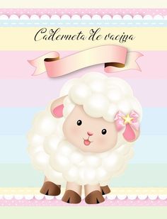 a sheep with a pink bow on it's head is standing in front of a striped background