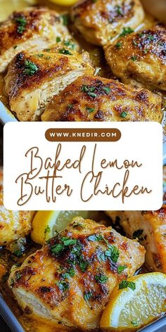 baked lemon butter chicken is shown in a pan