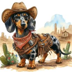 a dachshund wearing a cowboy hat and bandana standing in the desert