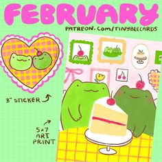 a drawing of a cake with the words february written below it and an image of a frog holding a piece of cake