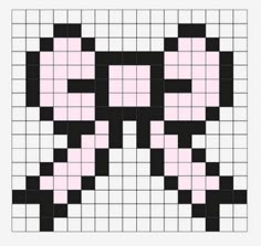 a black and white cross stitched pattern with pink squares in the shape of a butterfly