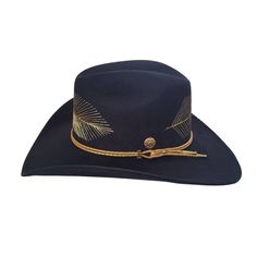 Introducing our sleek and stylish KYLIN Cowboy Hat, a perfect blend of classic design and modern elegance. Crafted from high-quality polyester suede in a timeless black hue, this hat is sure to become a staple in your wardrobe.Featuring exquisite gold feather embroidery around the crown, our Cowboy Hat adds a touch of luxury to any outfit. The addition of a matching gold leather cord completes the look, adding a touch of sophistication.With a 4" brim and a 4" crown, our Cowboy Hat boasts a struc Gold Flat Brim Hat Bands For Kentucky Derby, Luxury Gold Wide Brim Hat, Classic Gold Flat Brim Hat Band, Classic Gold Hat Band For Fedora, Classic Gold Fedora With Short Brim, Classic Gold Flat Brim Fedora, Luxury Felt Hat With Short Brim For Rodeo, Luxury Short Brim Felt Hat For Rodeo, Luxury Gold Hat For Kentucky Derby