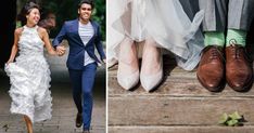 two pictures of people in wedding dresses and grooms with their feet on the ground