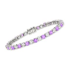 Ross-Simons - 7.25ct t. w. White Topaz, 5.00ct t. w. Amethyst Tennis Bracelet. 7". Brimming with end-to-end color and sparkle, our tennis bracelet is an affordable take on a timeless style. Featuring 7.25 ct. t. w. white topaz and 5.00 ct. t. w. amethyst rounds in an eye-catching alternating pattern. Set in polished sterling silver. Double-latch safety. Box clasp, amethyst and white topaz tennis bracelet. Purple Tennis Bracelet For Anniversary, Purple Gemstone Round Tennis Bracelet, Purple Gemstone Tennis Bracelet, Purple Round Tennis Bracelet For Formal Occasions, Classic Purple Tennis Bracelet Perfect For Gifts, Classic Purple Tennis Bracelet As A Gift, Classic Purple Tennis Bracelet As Gift, White Diamond Gemstone Bracelet For Anniversary, White Gemstone Diamond Anniversary Bracelet