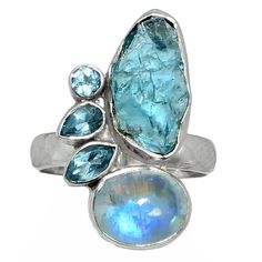 Aquamarine Rough , Moonstone, and blue topaz in Sterling Silver Ring sz 7 6.3 grams face size 1 x 1/2 inch Unique Multi-stone Blue Topaz Ring, Unique Blue Multi-stone Topaz Ring, Unique Blue Topaz Ring, Blue Moonstone Rings With Natural Stones, Blue Multi-stone Moonstone Anniversary Ring, Blue Multi-stone Moonstone Ring For Anniversary, Blue Topaz Rings With Natural Stones, Anniversary Blue Moonstone Ring With Multi-stones, Butterfly Frame