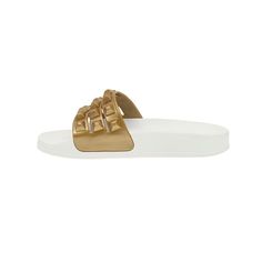 A perfect stylish slide Made in Italy in the gorgeous gold color! These jelly kids slides are crafted with attention to detail and are designed to be comfortable and durable for your loved ones. Available in hand painted metallic gold Features: Made in Italy Slide Style Jelly Kids Sandal 3 strap slides with Borchia studs Extra cushioned molded platform Material: High-Quality Italian microlight PVC Sustainable (100% recyclable & prop65 compliant) Vegan Details: Our slides are European sizes and t Jelly Slides, Mini Melissa, Bracelet Size Chart, Jelly Shoes, Rose Scented Products, Jelly Sandals, Kids Slide, Kids Sandals, Shoe Size Chart