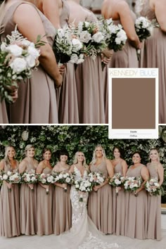 the bride and her bridal party are all dressed in brown, white and green