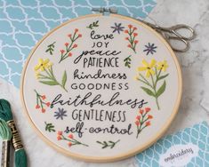 a cross stitch pattern with the words love joy, peace, and goodness on it