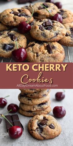 chocolate chip cookies with cherries on top and the words keto cherry cookies above them