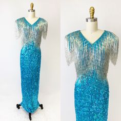 "*Iridescent aqua sequins with silver beaded fringe *Shoulder pads *Labeled Landa size 10 *Fully lined with China silk *Zips up the back Measurements: Bust: 38\" Waist 30\" Hip 48 Shoulder to Hem: 56\" Excellent condition. Just a small bit of marking on the lining. Please go by your own measurements, not how it looks on the mannequin, some dresses may be pinned in the back to fit the mannequin. If you purchase multiple items, we love to combine shipping to save you money! Please check our shop p Claire Mccardell, Bonnie Cashin, 1980s Dresses, Beaded Fringe, Velvet Tops, Modern Outfits, Silk Velvet, Black Sequins, Dress Clothes For Women