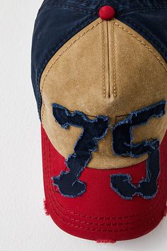 Just as versatile as it is vintage-inspired, this wear-anywhere baseball hat is featured in a classic silhouette with defined color blocking, exaggerated varsity number patching at font, and distressed detailing for a true lived-in look. | Pinch Hitter Baseball Hat by American Needle at Free People in Red Street Wear Beanie, Hats With Patches, Turkish Hat, Material Exploration, Distressed Outfit, 90s Hats, Blue Hats, Popular Hats, Iced Americano