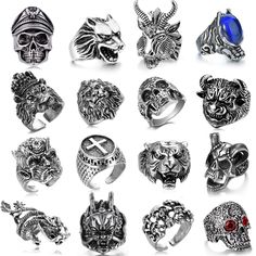 PRICES MAY VARY. 😎【PUNK RINGS SET】One order include 16pcs gothic punk ring, all the vintage punk rings in different styles, including chinese dragon ring, bull demon king ring, skull rings, wolf head ring, lion king ring, tiger ring, cross ring, goat ring, skeleton ring and so on shape. Multiple types of cool rings are provided to match your daily clothes or take to attend parties. Bonus points for your overall styling, you can become more charming in the crowd. 【QUALITY MENS RINGS】The retro ri Male Rings, Gothic Jewelry Diy, Punk Rings, Skeleton Ring, Art Scary, King Ring, Male Jewelry, Rock Rings, Cool Rings