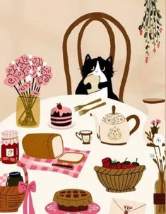 a cat sitting at a table with food and flowers