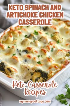 keto spinach and artichoke chicken casserole with text overlay