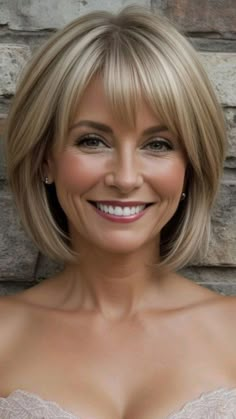 Bob Hairstyles With Side Bangs, Fine Hair Bangs, Haircuts Over 50, Blonde Bob Hairstyles, Layered Haircuts For Medium Hair, Medium Layered Hair, Choppy Bob Hairstyles, Chin Length Hair