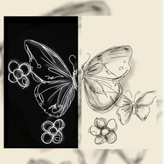 a drawing of two butterflies and one butterfly on a black background with white outlines