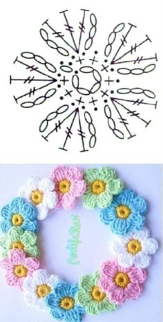 crochet flowers are arranged in the shape of a wreath and on top of each other