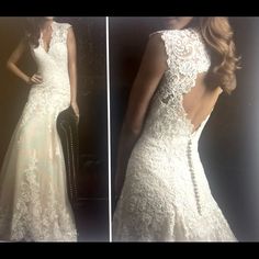 the back of a wedding dress is shown in two different angles, and there are no pictures