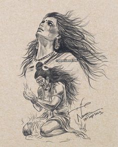 a drawing of a native american woman with long hair sitting on the ground and holding a baby