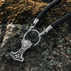 Wolf Head Mjölnir, Black Leather– Grimfrost Black Viking Jewelry For Outdoor, Black Viking Style Outdoor Jewelry, Black Viking Style Jewelry For Outdoor, Medieval Black Jewelry For Larp, Black Viking Metal Jewelry, Black Viking Engraved Jewelry, Medieval Black Pendant Jewelry, Medieval Black Metal Necklace, Black Medieval Pendant Jewelry