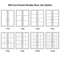 four different types of french doors with the names and numbers on each door, all labeled in